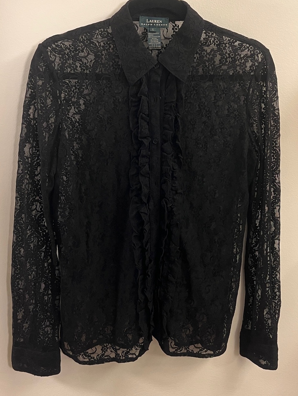 Ralph Lauren Black Sheer Lace Ruffle-Front Blouse